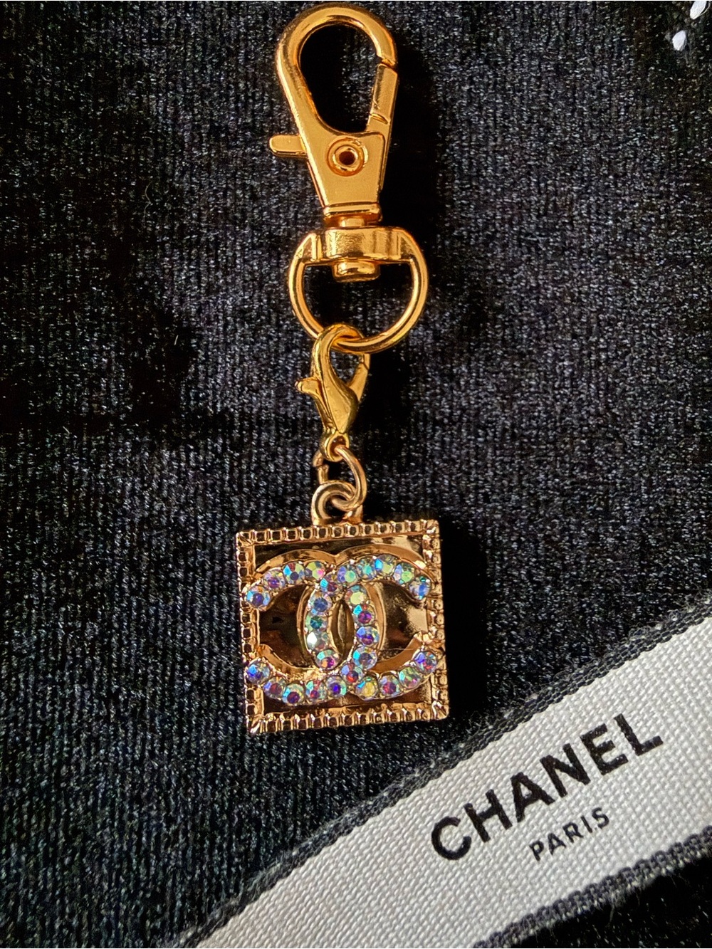 Gold-Tone CC Crystal Keychain Charm with iridescent crystals